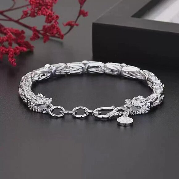 Other - Men's 925 Sterling Silver Twin Dragon Head Link Chain Bracelet #B599